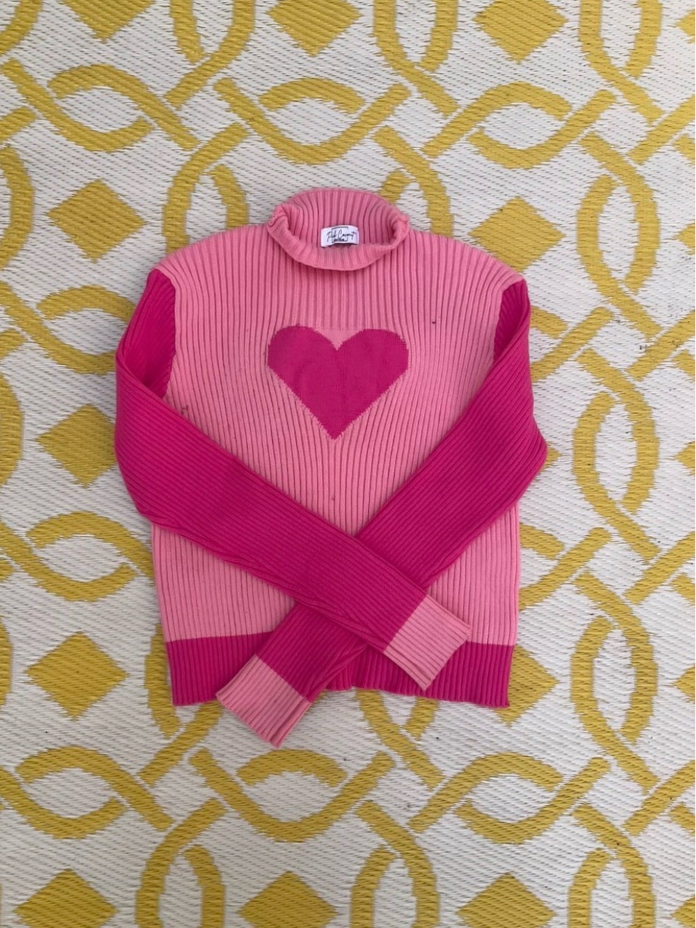 Pink Two-Tone Heart Ribbed Turtleneck Sweater